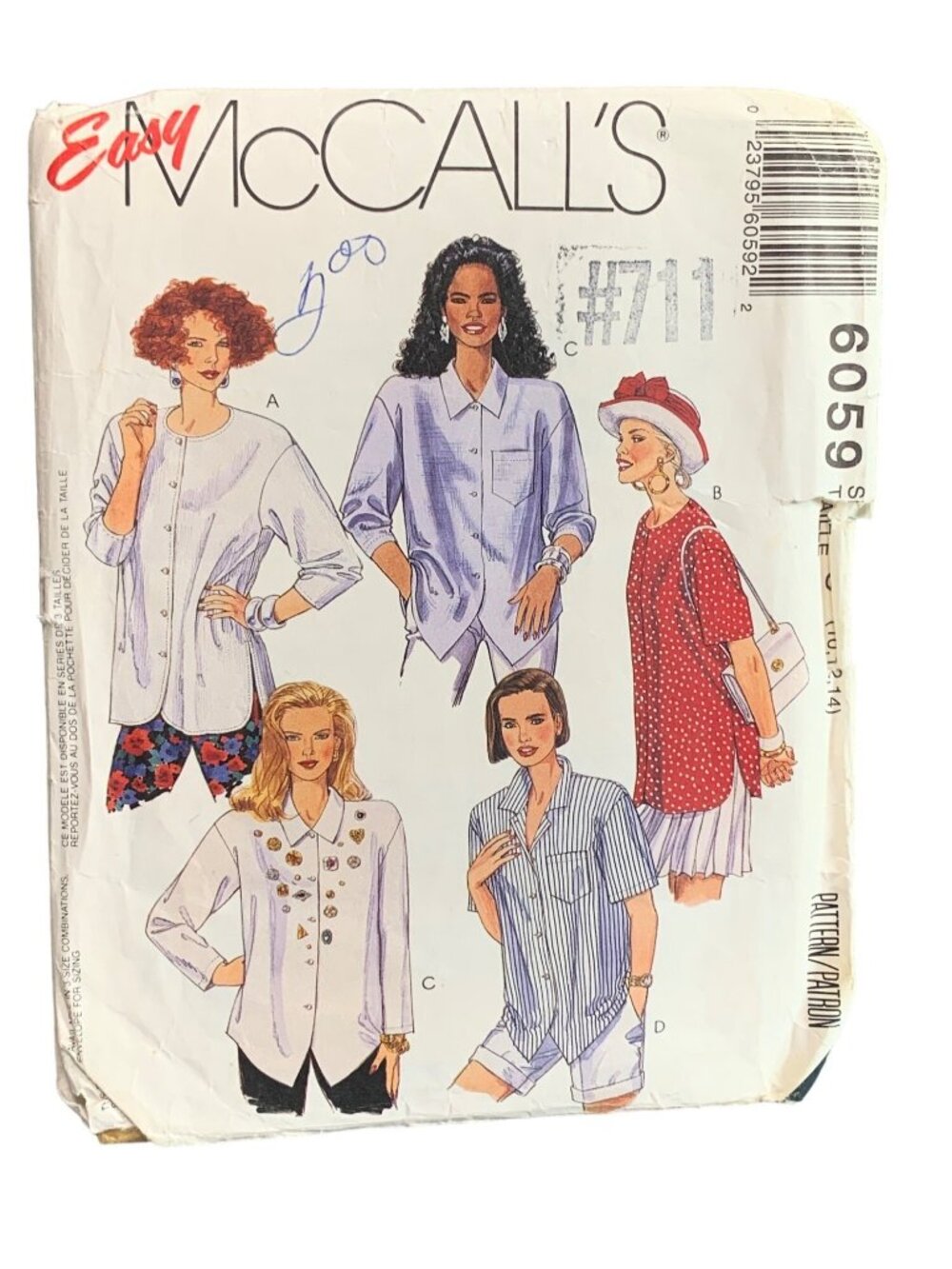 McCalls 6059 Sewing Pattern Womens Shirt Size 10-12-14 1992 Uncut